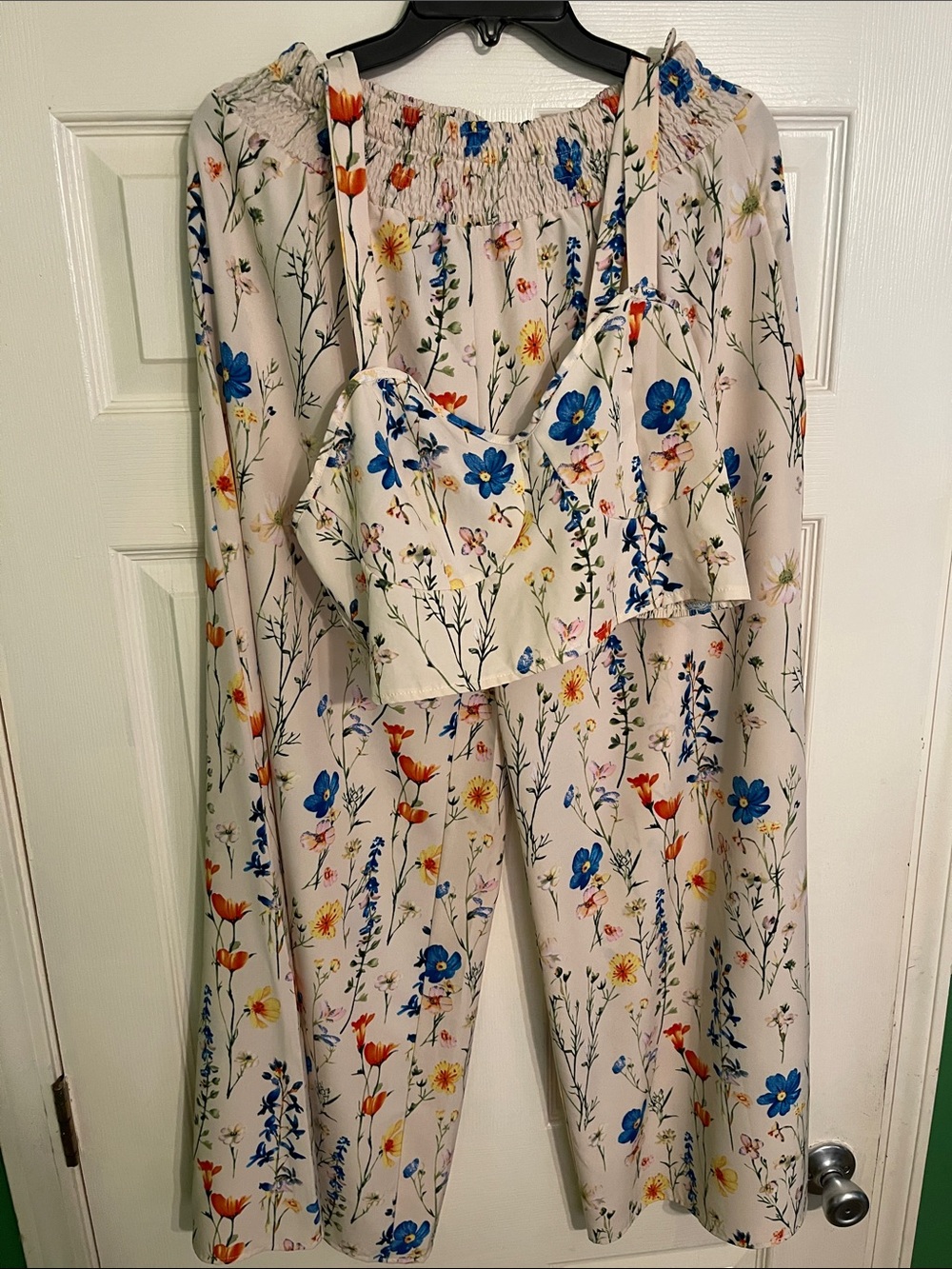 Floral Wide-Leg Jumpsuit in Cream with Blue Floral Print